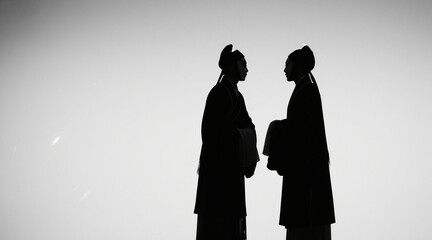 Silhouettes of Chinese opera characters, two people facing each other, beautiful dramatic conflict