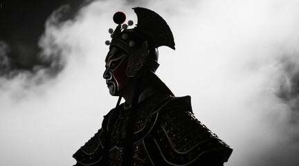Silhouette of a Chinese opera Jing role, wearing a helmet and a majestic figure, with beautiful dramatic tension