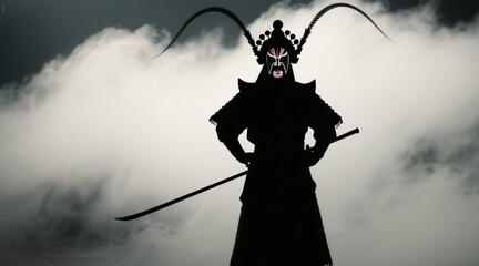 Silhouette of a Chinese opera Jing role, wearing a helmet and a majestic figure, with beautiful dramatic tension