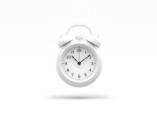 Minimalist white alarm clock floating against a white background