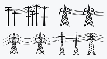 Power Lines and Transmission Towers Silhouettes on White Background Vector Illustration