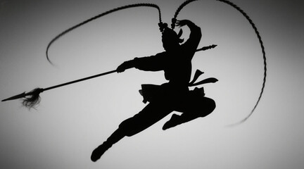 Silhouettes of Chinese opera characters, silhouettes of opera warrior characters, leaping into the air, with spears dragging out arcs