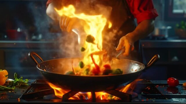 A chef expertly prepares a stir-fry with flames, demonstrating culinary techniques