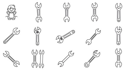 Playful pattern of outlined wrench tools and a kawaii character illustration on white backdrop