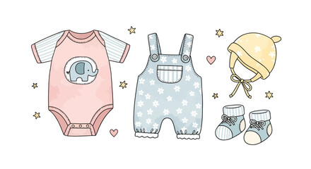 Charming hand-drawn pastel baby apparel ensemble creates inviting newborn presentation