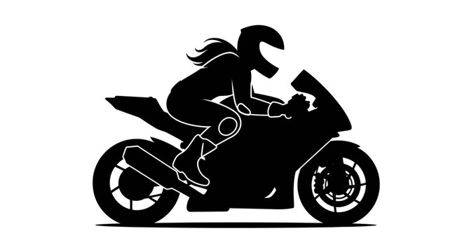 Silhouette of a female rider on a modern sports motorcycle against a plain white background