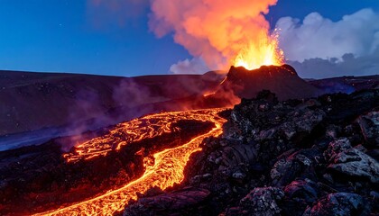 Dramatic nighttime shot Volcano erupts, glowing lava flows down