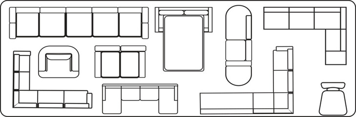 Minimalist line art collection of diverse furniture pieces in a top-down architectural floor plan view. Includes various sofas, sectional couches, an armchair, an ottoman, and a double bed. Ideal for 