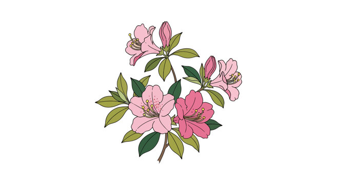 Elegant floral illustration with pastel pink rhododendrons and verdant leaves for spring themes