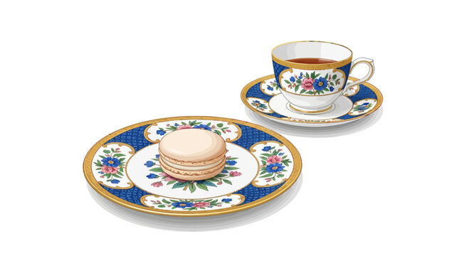 Elegant tea break illustration showcasing a creamy macaroon and a decorative teacup porcelain