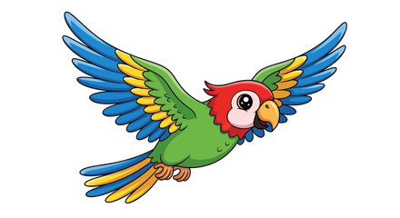 Fototapeta premium Vibrant Cartoon Parrot Soaring Gracefully With Multi-Colored Plumage Against Blank Backdrop