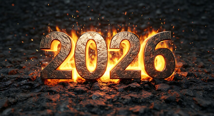 Fiery 2026 numbers glowing with intense heat and flames isolated on transparent background