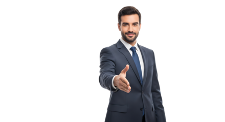 Smiling businessman offering a handshake, isolated on transparent background