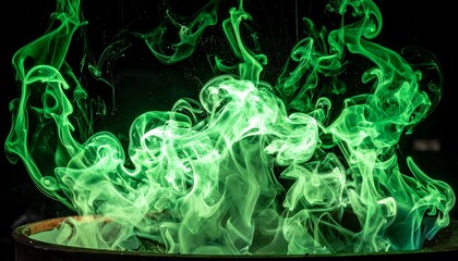 Fototapeta premium A vibrant, swirling plume of emerald green smoke rising from a dark, metallic vessel against a stark black background