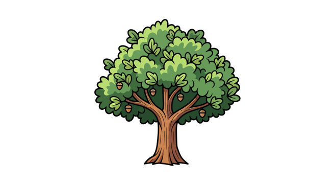 Whimsical cartoon oak tree with acorns against a plain background ideal element
