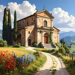 Italian Church Landscape - A Serene Tuscan Scene with Flowers and Rolling Hills.