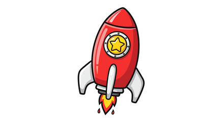 Whimsical red cartoon rocket with a gold star symbolizing exploration and innovation