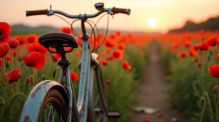 Naklejka premium Vintage bicycle parked in a field of red poppies at sunset