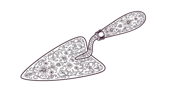 Ornate garden trowel illustration showcasing floral and plant pattern design elements