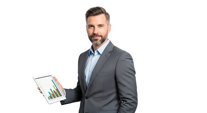 Businessman holding a tablet with financial charts isolated on transparent background - Powered by Adobe