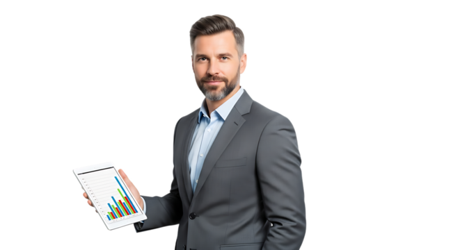 Businessman holding a tablet with financial charts isolated on transparent background