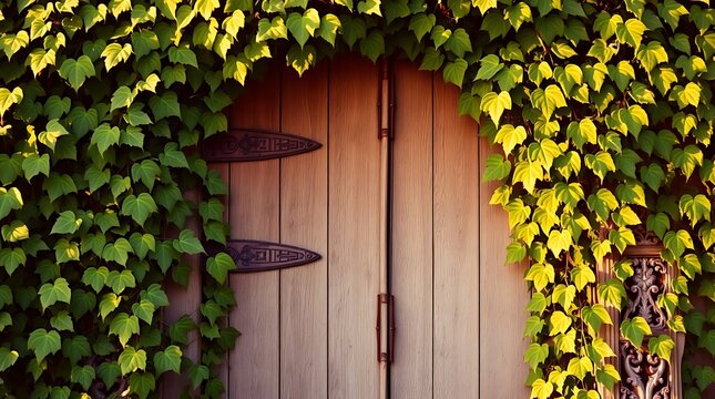 Rustic wooden door framed by lush green ivy under warm sunlight - Powered by Adobe