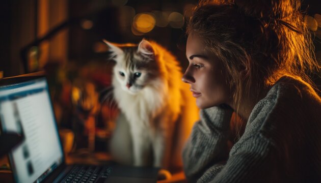 Woman Working Late Into The Night At Her Home Desk, Juggling Work And Her Sleeping Cat. Testing Ui/Ux As A Student.