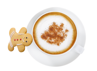 Cup of cappuccino coffee and gingerbread man cookie isolated on transparent background, top view
