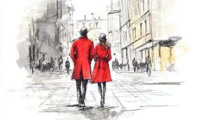 Fototapeta premium Red-Clad Couple Strolling Through City Streets: Hand-Drawn Sketch Of A Romantic Urban Scene Featuring A Stylish Pair In Love.