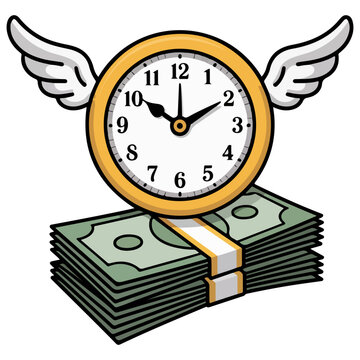 Concept of Time is Money, A Clock with wings on stack of Dollar Bills