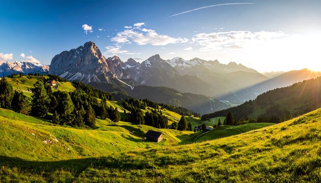 A vibrant vista of rolling green hills and majestic mountains under a bright blue sky, bathed in golden sunlight at sunrise