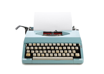 Vintage typewriter with blank paper sheet isolated on white background, closeup