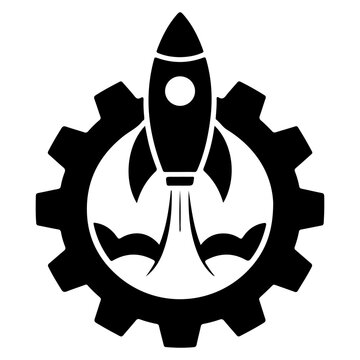 Black silhouette of a rocket ship launching from a gear, symbolizing innovation and technological advancement