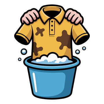 A cartoon of a dirty shirt being washed in a bucket of soapy water