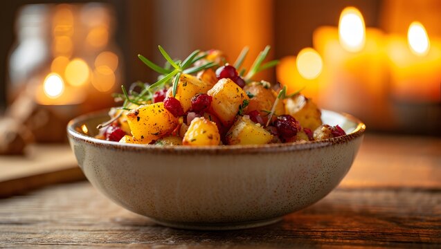 Roasted potatoes with cranberries and rosemary in a bowl on a wooden table with candles light