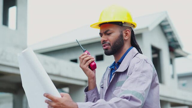 Hispanic male engineer wearing safety helmet using walkie talkie and holding construction blueprint, coordinating with his team confidently on site.