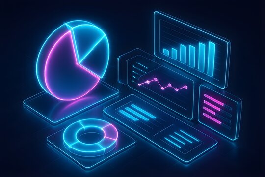 Modern digital data analytics interface with glowing neon graphs and charts representing business information technology.