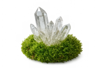 Clear quartz crystal cluster growing from vibrant green moss, symbolizing nature, healing, and spiritual energy, on transparent background