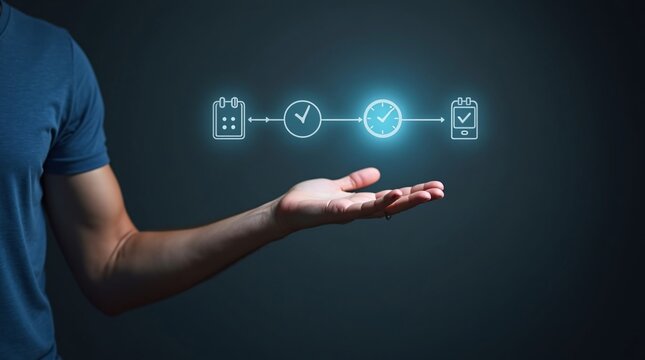 A person holds out a hand with glowing icons of a calendar, checkmark, clock, and checked device above it.
