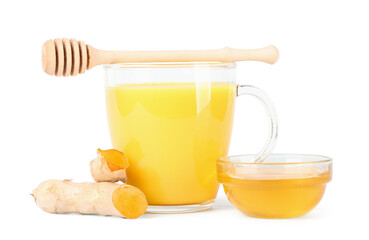 Glass of healthy turmeric drink, ginger roots and bowl with honey isolated on white background, closeup