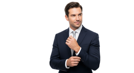 Man in navy suit adjusting his cuff isolated on transparent background