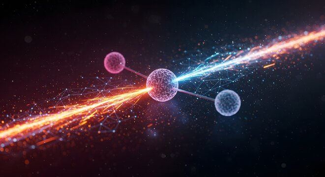Abstract 3D rendering of atoms and molecules colliding with energy beams, scientific concept - Powered by Adobe