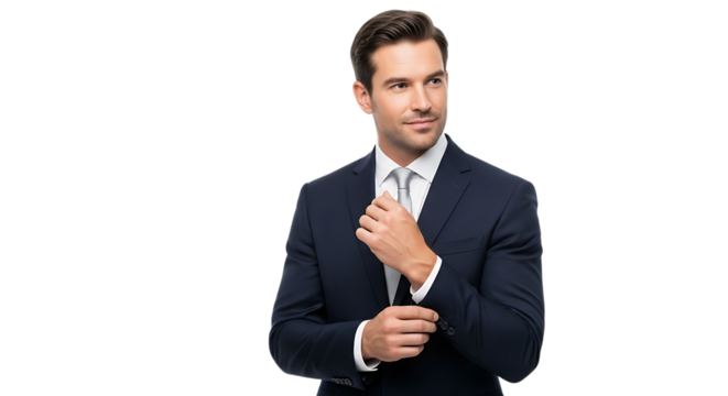 Man in navy suit adjusting his cuff isolated on transparent background