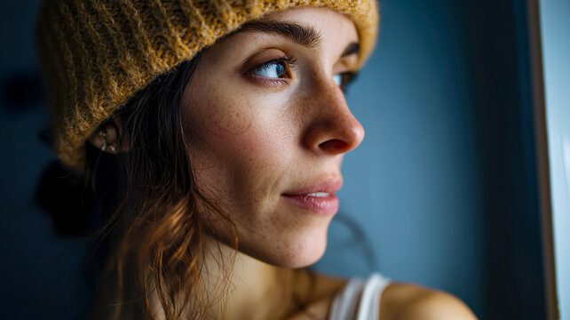 Pensive woman with freckles and a knitted beanie looks off to the side, showing calm beauty in a natural, unfiltered moment.  - Powered by Adobe