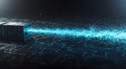 Abstract Data Stream Emanating From Server Rack on Circuit Board Background