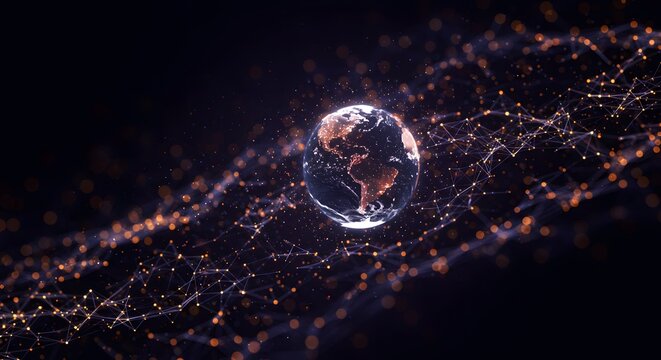 Abstract Digital Earth Globe with Network of Glowing Connections and Particles