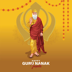 Happy Guru Nanak Jayanti greeting card, banner, and poster design with Khanda symbol, abstract illustration, and elegant typography honoring the sacred birth of Guru Nanak Dev Ji.