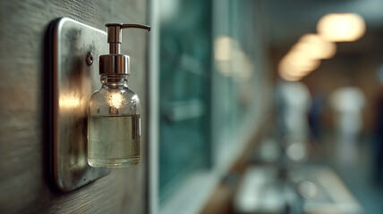 Clear liquid sanitizer dispenser mounted on the textured wall with a stainless steel handle and a blurred background in the hallway.