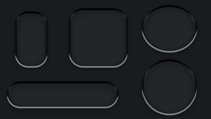 Dark Neumorphic UI Elements Collection with Rounded Shapes and Soft Shadows.