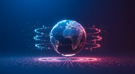 Abstract Digital Earth with Glowing Orbits and Particles on Dark Blue Background